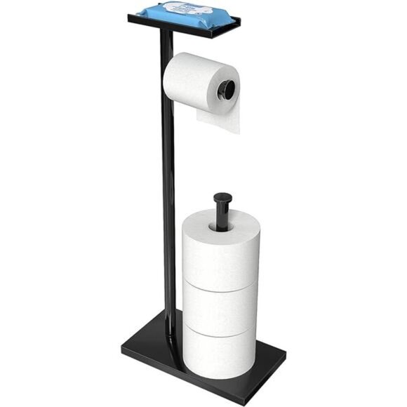 Black Toilet Paper Holder Stand with Shelf Free Standing Bathroom Storage Rack - Picture 1 of 7